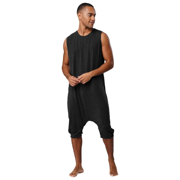 Men's Loose Romper Pajamas Jumpsuit Sleepwear Zipper Crotch One Piece Bodysuit