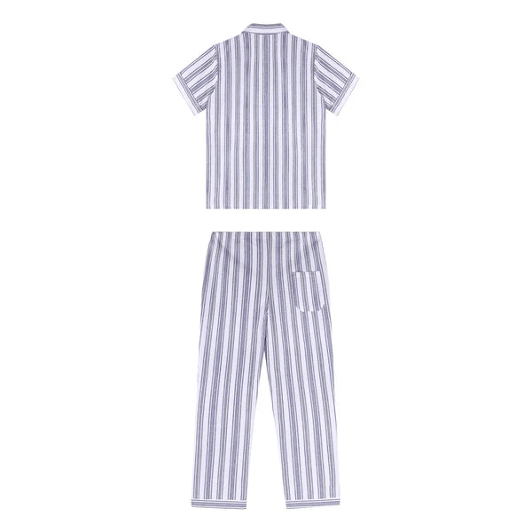Mens Pajama Set Button Down Sleepwear Shirt Homewear Striped Nightgown Pockets