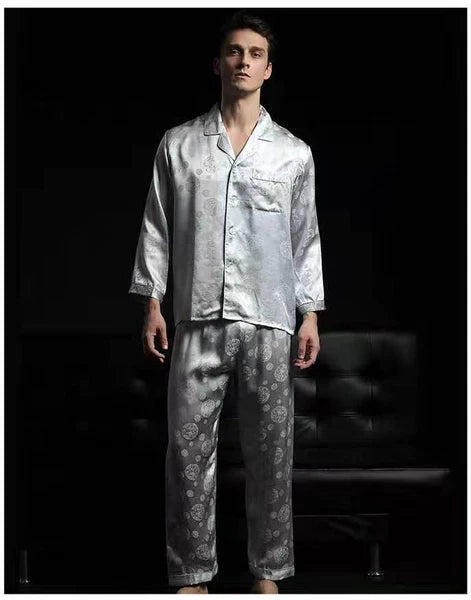 Men's 100% Mulberry Silk Pajamas Set Long Sleeves Silk Sleepwear S M L