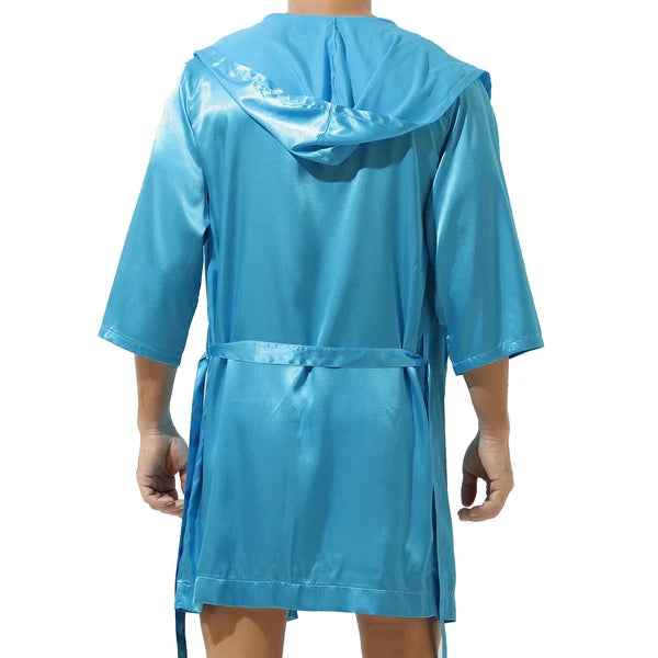 Mens Robes Silky Satin Hooded Bathrobe Luxurious Pyjama Set Nightgowns Sleepwear