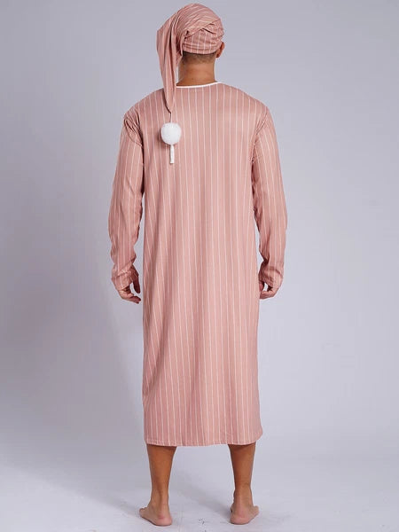 Men's Sissy Nightwear Loose Striped Robe Long Sleeve Nightshirt Cap Pajama Sets