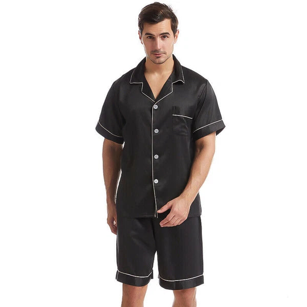 Mens Satin Pajamas Set Short Sleeves Button Down Shirt with Shorts Sleepwear Pjs