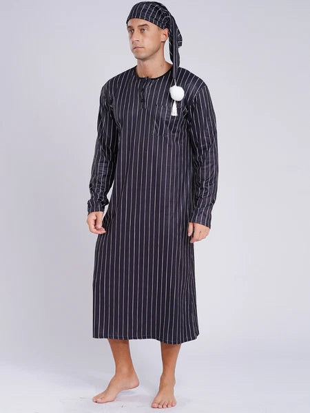 Men's Sissy Nightwear Loose Striped Robe Long Sleeve Nightshirt Cap Pajama Sets