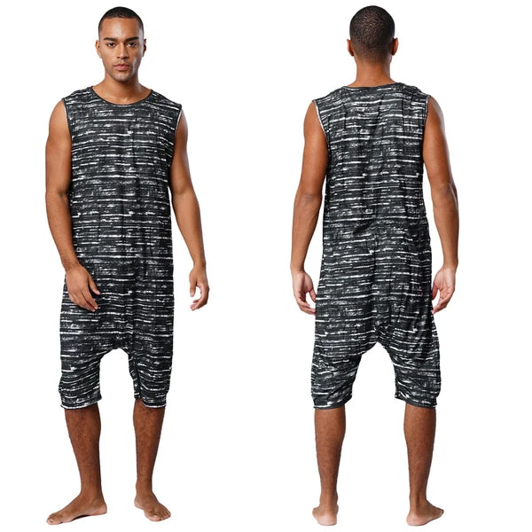 Men's Loose Romper Pajamas Jumpsuit Sleepwear Zipper Crotch One Piece Bodysuit