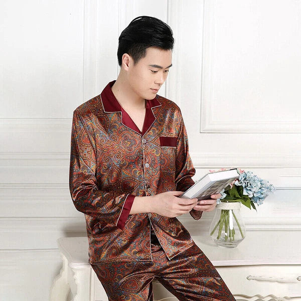 Men Silk Satin Pajamas Set Pyjamas Luxury Set Long Sleeve Sleepwear Loungewear*n
