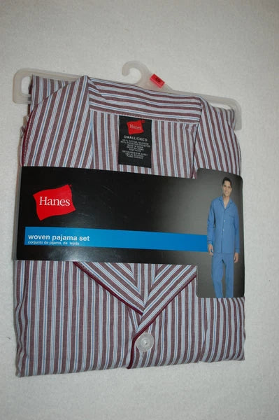 Mens PAJAMA SET Lt Weight Woven MAROON BLUE WHITE STRIPED Pants & L/S Top SIZE S