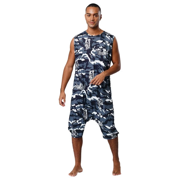Men's Loose Romper Pajamas Jumpsuit Sleepwear Zipper Crotch One Piece Bodysuit
