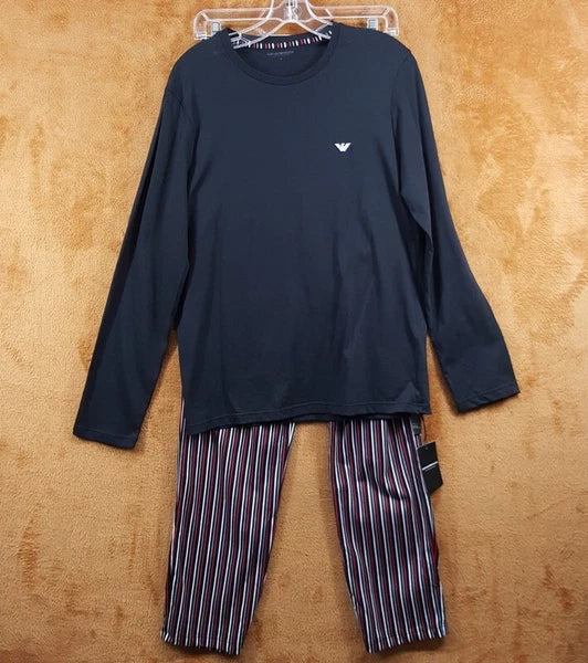 EMPORIO ARMANI Sleepwear Mens Medium Black Stripe Pajama PJs Set Cotton $155