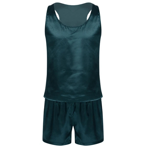 Mens Satin Pajamas Set Lounge Shorts Tank Top Silk Shirt Sleepwear Nightwear