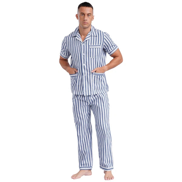 Mens Pajama Set Button Down Sleepwear Shirt Homewear Striped Nightgown Pockets