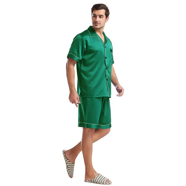 Mens Satin Pajamas Set Short Sleeves Button Down Shirt with Shorts Sleepwear Pjs