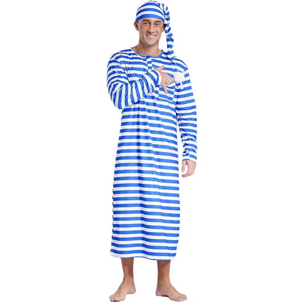 Men's Nightshirt Striped Loose Sleepwear Night Pajama Set Robe with Sleeping Cap