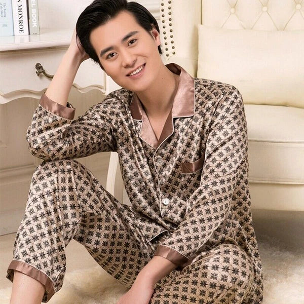 Men Silk Satin Pajamas Set Pyjamas Luxury Set Long Sleeve Sleepwear Loungewear*n