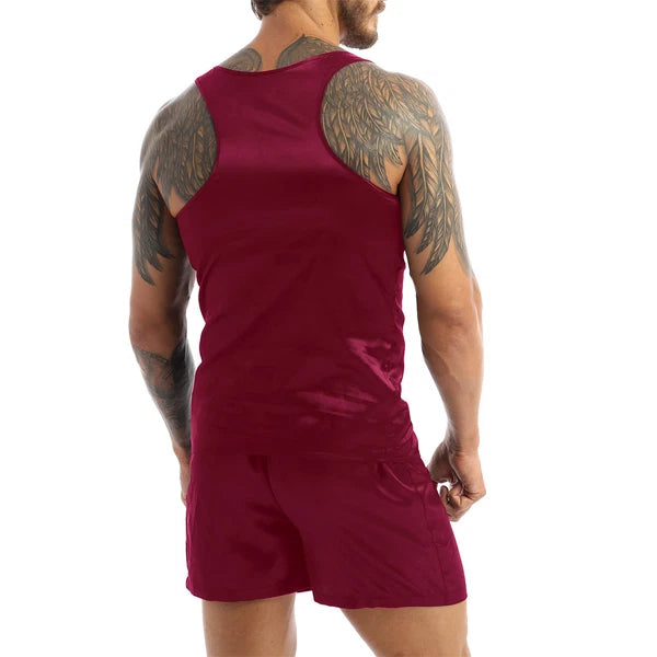 Mens Satin Pajamas Set Sleeveless Tank Top with Shorts Sleepwear Nightwear