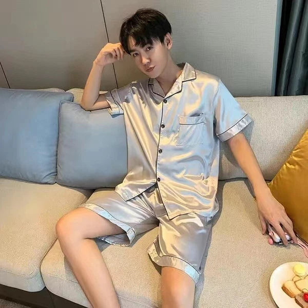 Mens Satin Pajamas Set Short Sleeves Button Down Shirt with Shorts Sleepwear Pjs
