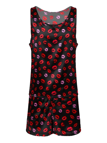 Mens Satin Pajamas Set Sleeveless Tank Top with Shorts Sleepwear Nightwear