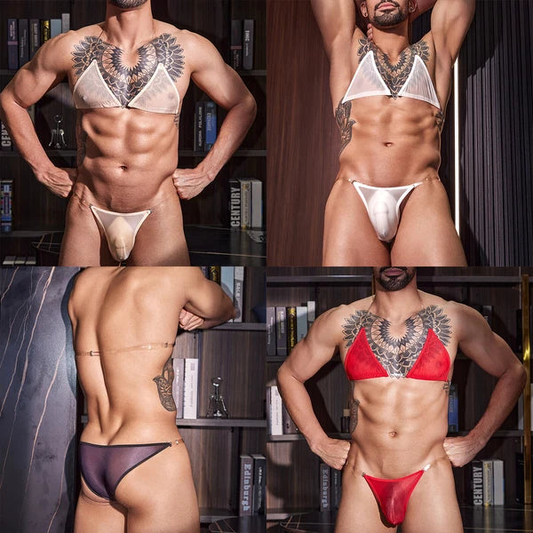 Man Nightwear See Through Set Gay Crossdress Transparent Lingerie Silky Satin