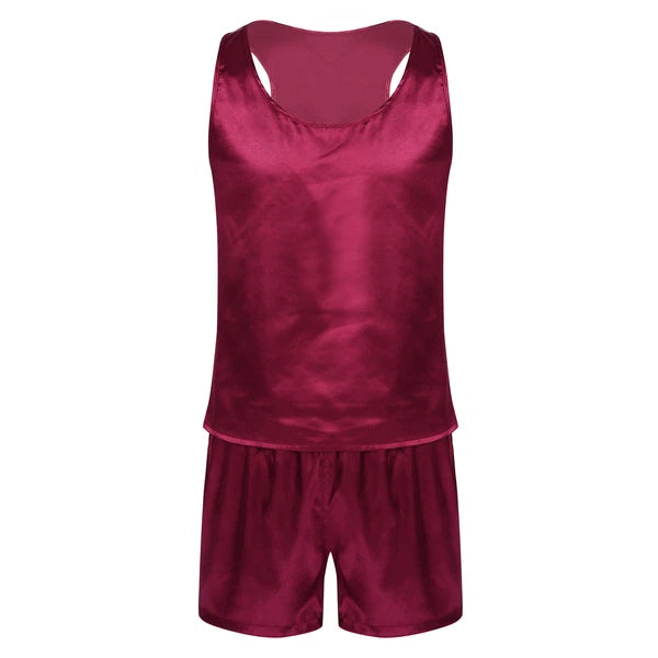 Mens Satin Pajamas Set Sleeveless Tank Top with Shorts Sleepwear Nightwear