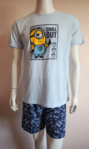Minions Mens Chill Out Blue Printed 2 Piece Short Sleeve Pyjama Set Size L New