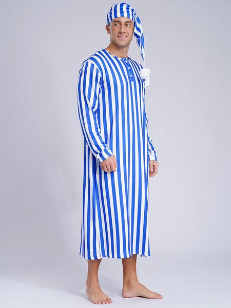 Men's Sissy Nightwear Loose Striped Robe Long Sleeve Nightshirt Cap Pajama Sets