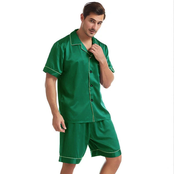Mens Satin Pajamas Set Short Sleeves Button Down Shirt with Shorts Sleepwear Pjs