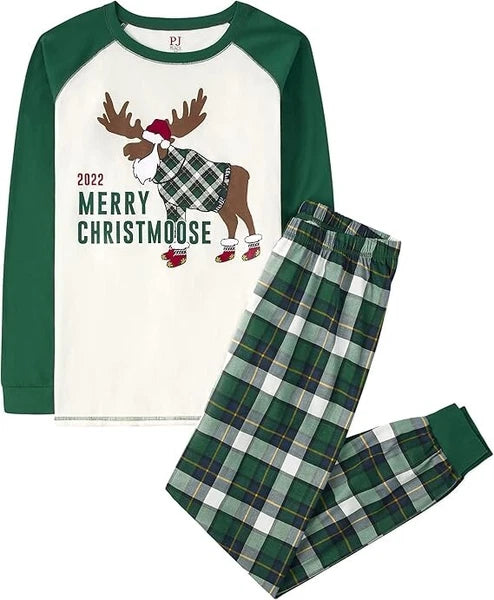 Merry Christmas Holiday Pajamas Set Men's XL Cotton White Green Moose 2022