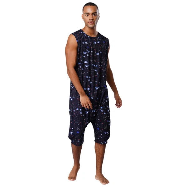 Men's Loose Romper Pajamas Jumpsuit Sleepwear Zipper Crotch One Piece Bodysuit